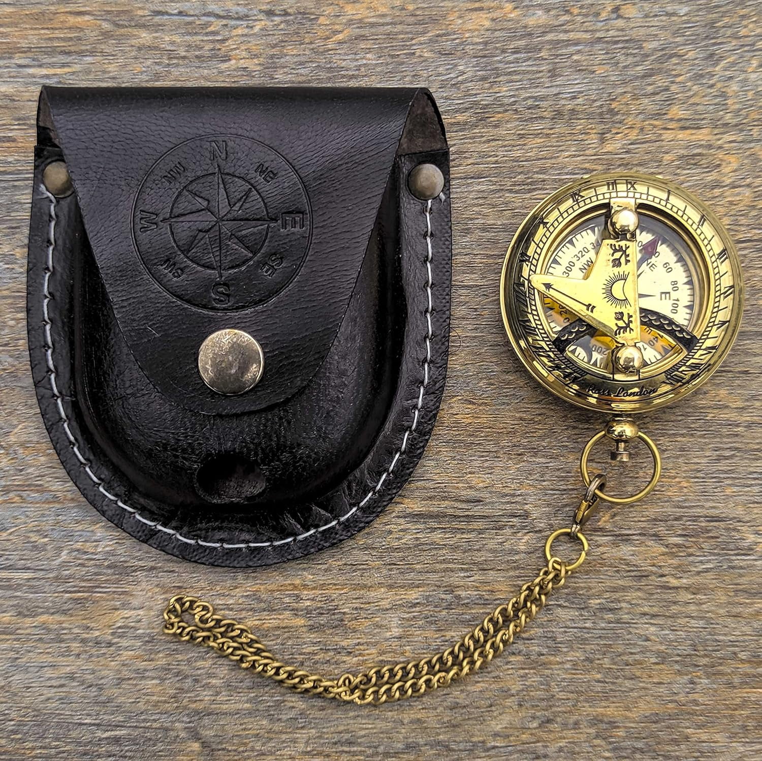 Brass Sundial Compass with Leather Case and Chain - Push Open Compass