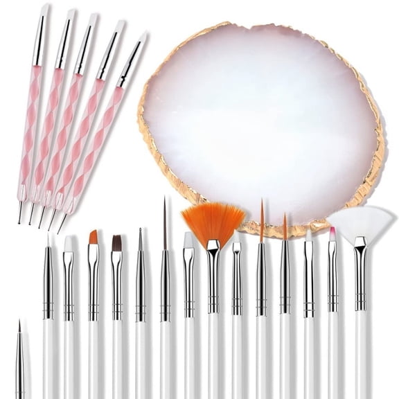 15PCS Nail Art Brushes Kit with 5 Double-Ended Dotting Pens & Gold Marble Palette, Professional Manicure Tools Set for Home Salon, Nail Art Beginners & Pros