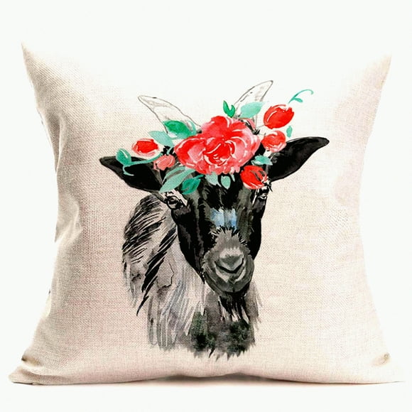 Animal Print Cotton Linen Throw Pillow Cover - Black Goat Pattern Decorative Cushion for Sofa Couch - 18x18 Inch Home Decor Accessory