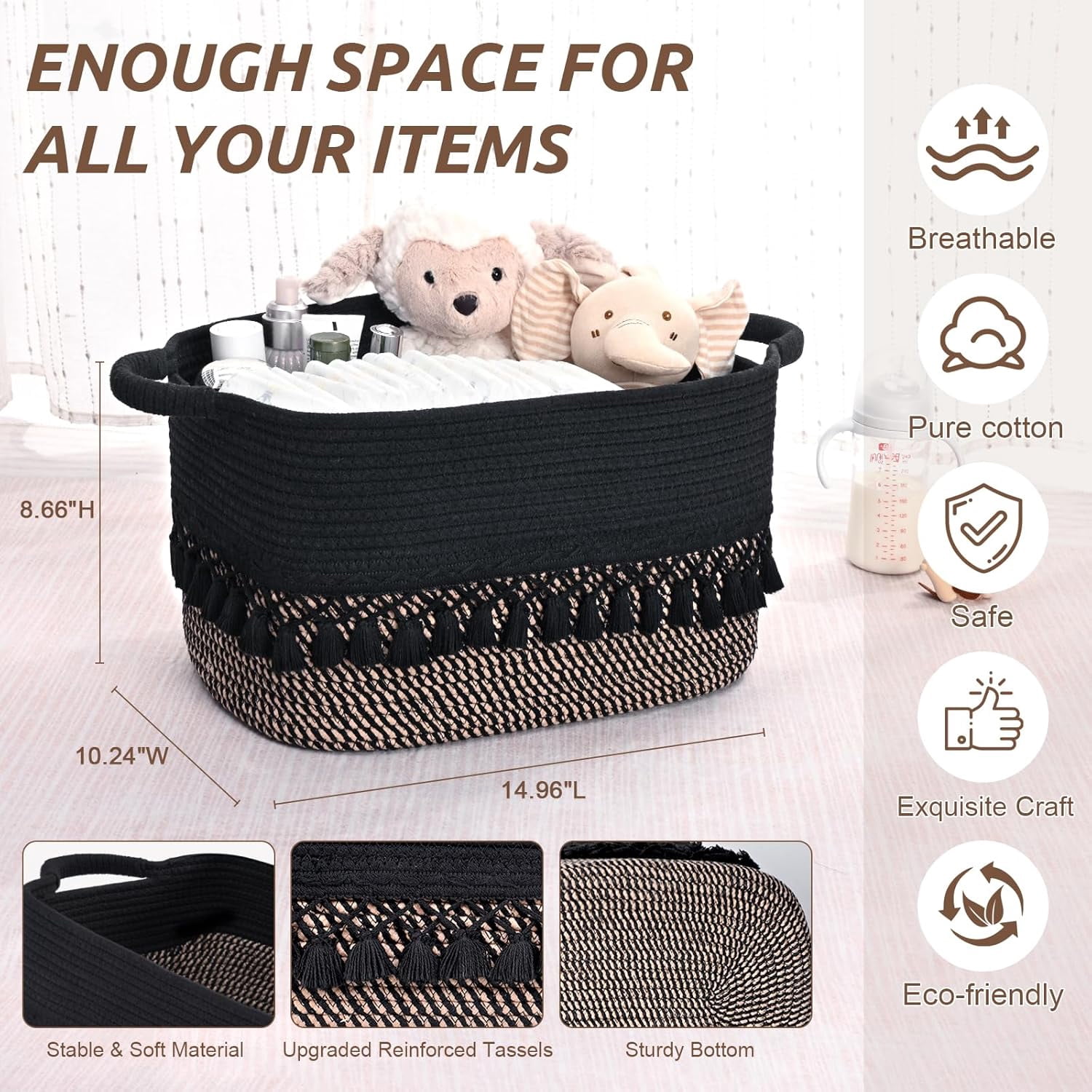 Natubeau 3 Pack Woven Storage Baskets, Black 22L Large Storage Basket for Organizing, Cotton Rope Storage Bins with Heavy Tassel, Cube Laundry Baskets