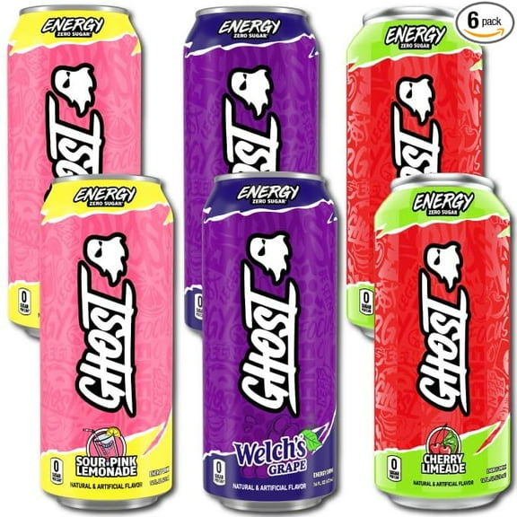 Ghost Energy Drink Variety Pack, Zero Sugar – 16 fl oz Cans (Pack of 6) – Cherry Limeade, Grape, Sour Lemonade – 200mg Caffeine, Vegan, Gluten-Free