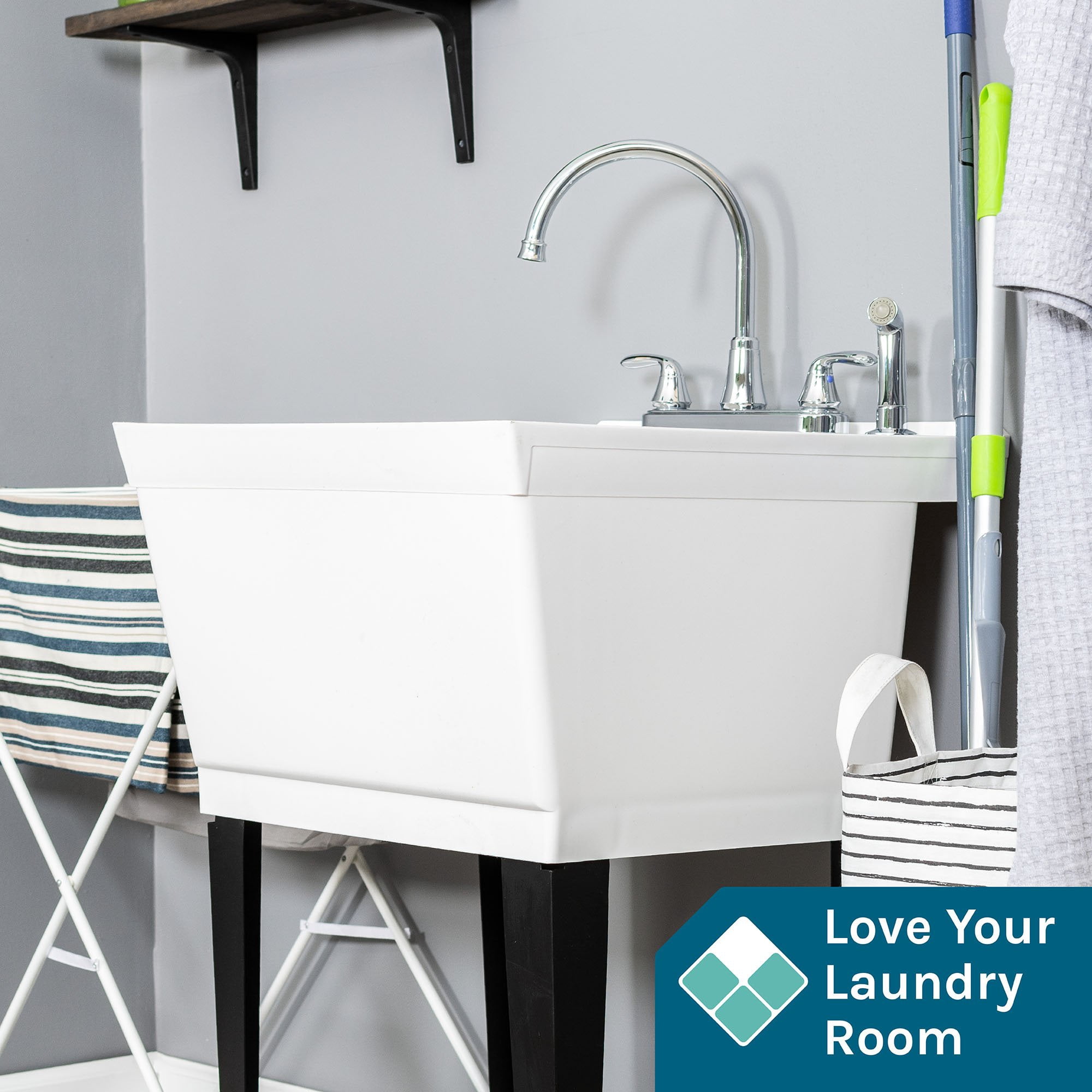 Tehila White Freestanding Floor Mount Utility Sink Kit with Chrome Finish Faucet for Laundry Room