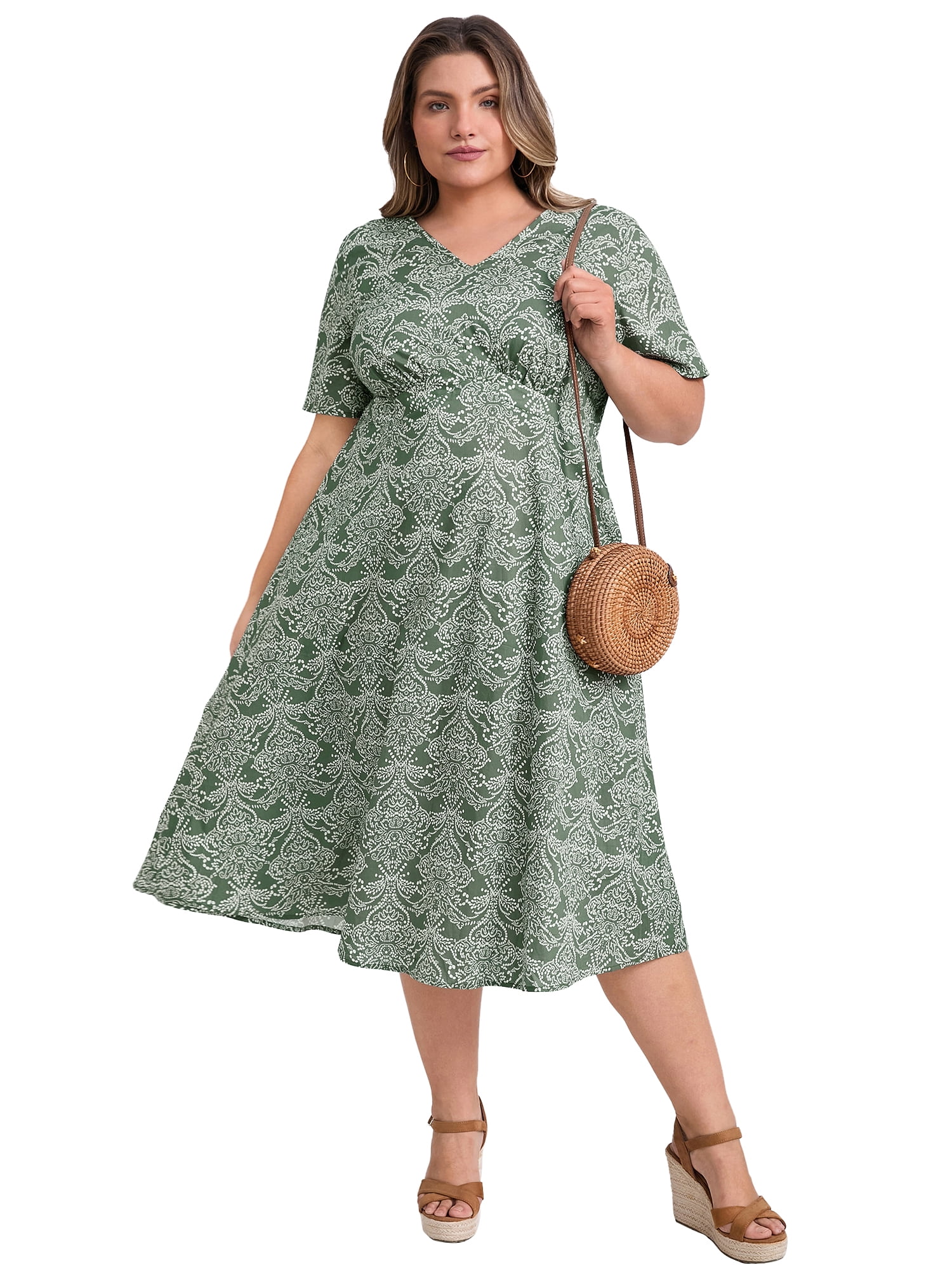 DARING DIVA Plus Size Floral Print V Neck Beach Vacation Midi Dress 3X Gray Green