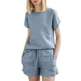thumbnail image 2 of Mqqzkk Women Linen Short Sleeve Crew Neck Pullover And Lightweight Short Pants Casual 2PC Sets With Pockets, 2 of 8