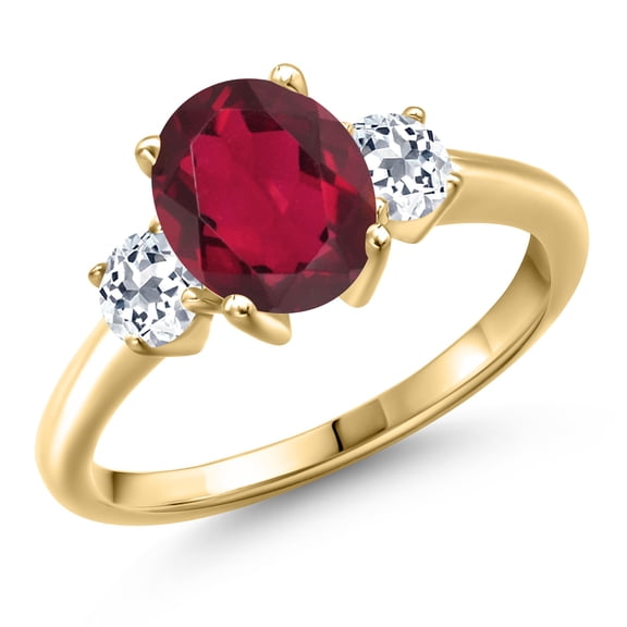 Gem Stone King 10K Yellow Gold Ruby Red Mystic Quartz and White Topaz Engagement Ring for Women | 2.46 Cttw | Oval 9X7MM | Gemstone Birthstone | Size 6