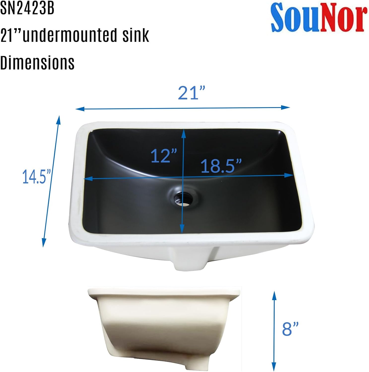 WinZo 14.5"D x 21"W x 8"H Rectangular 21-Inch Undermount Bathroom Sink for Granite Countertop Vanity Basin Including Pop-up Drain,Matte Black