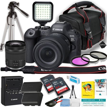 Canon EOS R6 Mark II Mirrorless Camera w/24-105mm STM Lens + 2pc SanDisk 64GB Ultra Memory Card + Spare High Copacity Battery + More (18pc Bundle)