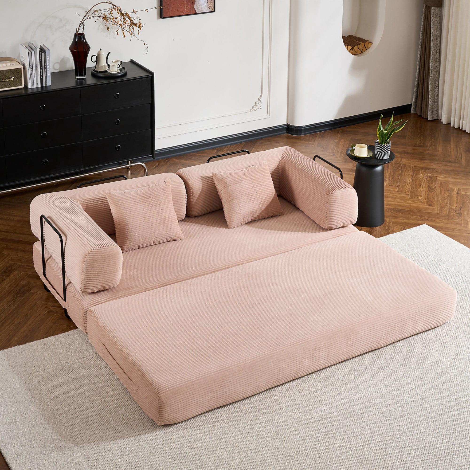 BSHTI 77" Casual Corduroy Convertible Sleeper Sofa Bed with Cylindrical Pillow, No Assembly, Small Space for Living Room（Pink）
