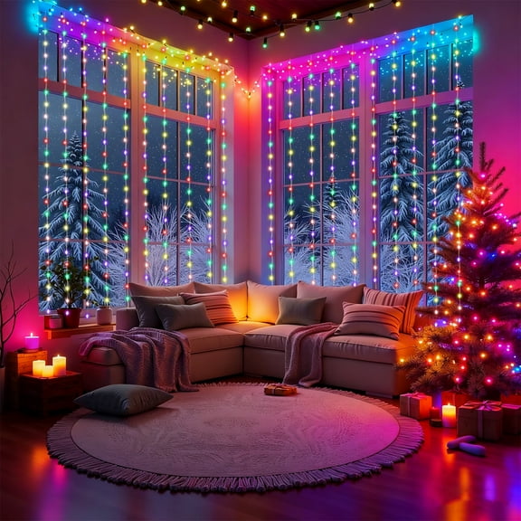 300 LED Christmas Curtain Lights For Windows Indoor Outdoor,10ft X 10ft Color Changing Curtain String Lights,120V Plug In,11 Modes Long Icicle Lights,Timer, Rainbow Hanging Backdrop Lights