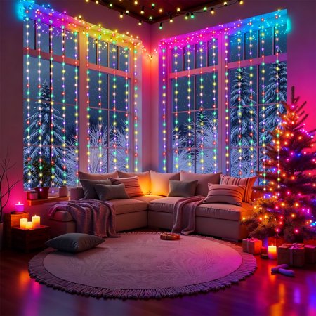 2 Pack,1200 LED Christmas Curtain Lights For Windows Indoor Outdoor,10ft X 10ft Color Changing Curtain String Lights,120V Plug In,11 Modes Long Icicle Lights,Timer, Rainbow Hanging Backdrop Lights