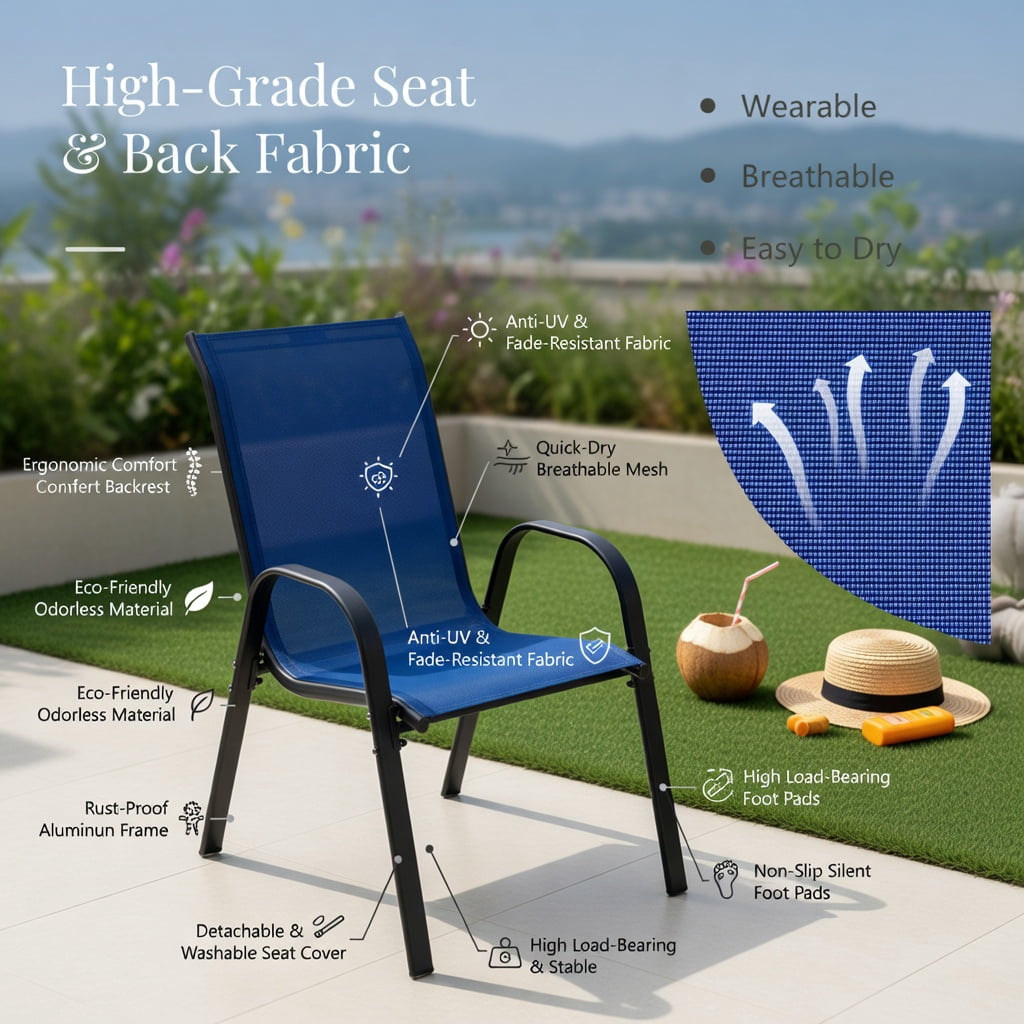 Hommoo 4-Pack Stackable Patio Dining Chairs, Ergonomic Armrests & Breathable Mesh Fabric, Outdoor Mesh Chairs for Deck, Patio, or Balcony, Navy
