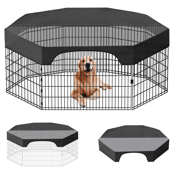 Pet Playpen Cover,24 Inches 8 Panels Dog Playpen Cover for Pets,420D Half Mesh Top Cover for Dog Playpen,Provide Shaded Areas Prevent Escape Outdoor Indoor Dog Pen Cover (Playpen Not Included)