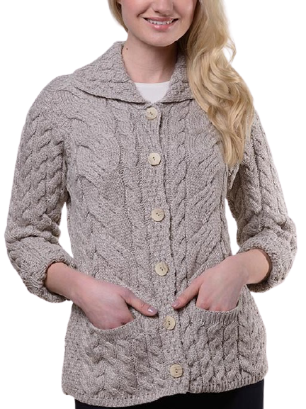Aran Irish Button Cardigan Sweater Super Soft 100% Merino Wool for Women |  Toasted Oat Short Knit Jacket with Pockets - Walmart.com