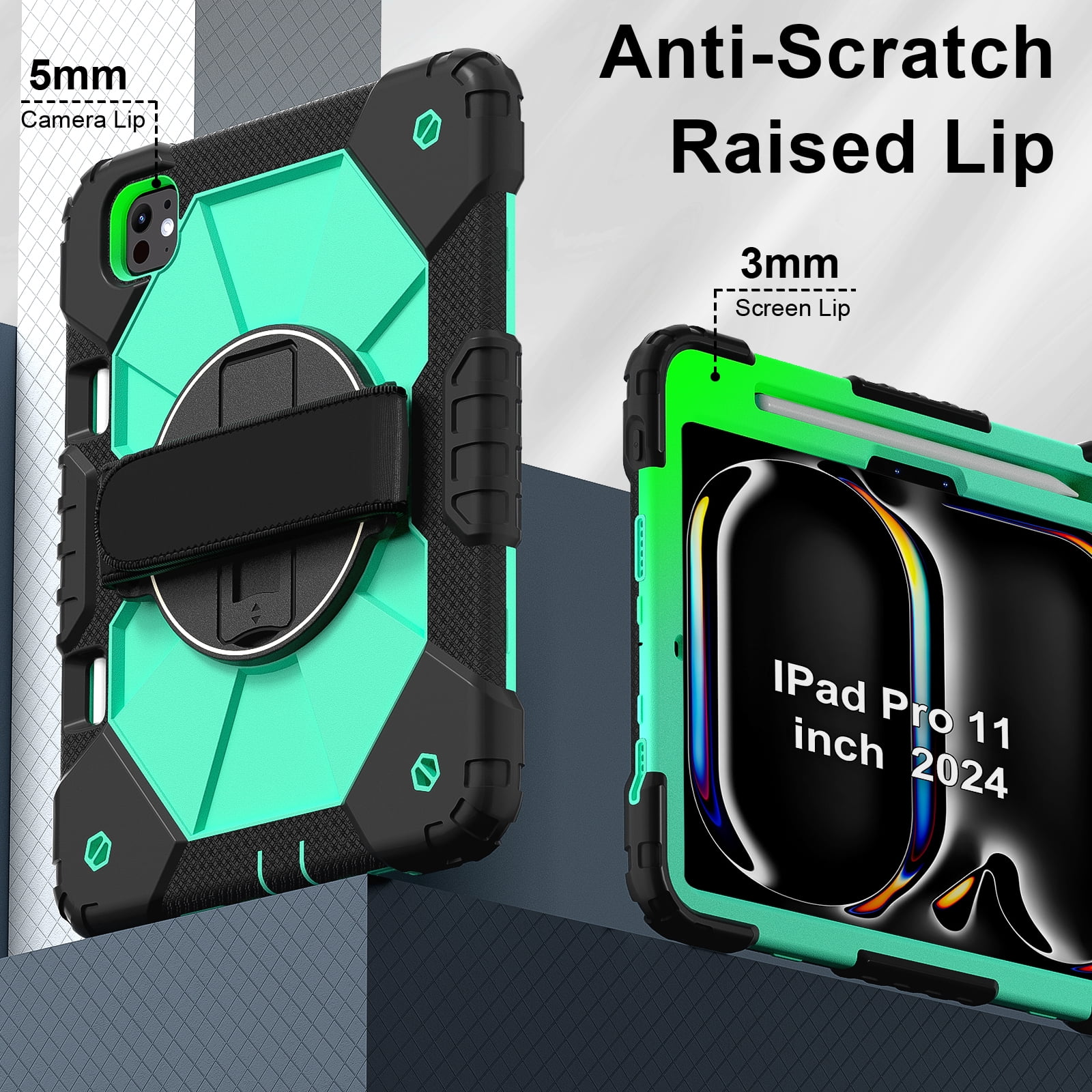 Allytechgroup iPad Pro 11 2024 Case Cover with Pencil Holder, Rugged Protection with Kickstand & Hand Strap Heavy Duty Shockproof Kids Friendly Case for Apple iPad Pro 11 M4 2024, Mint