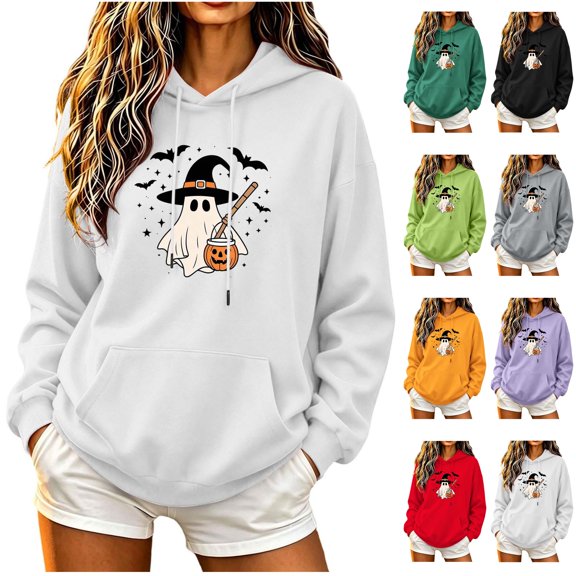 NSLGXD Halloween Sweatshirts for Women Funny Ghost Print Pullover Hoodies Stretch Holiday Long Sleeve Shirt Tops Halloween Costumes S-2XL