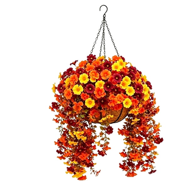 HONHUZH Artificial Fall Hanging Basket With Orange Yellow Mums For Outdoor Porch Patio Decor