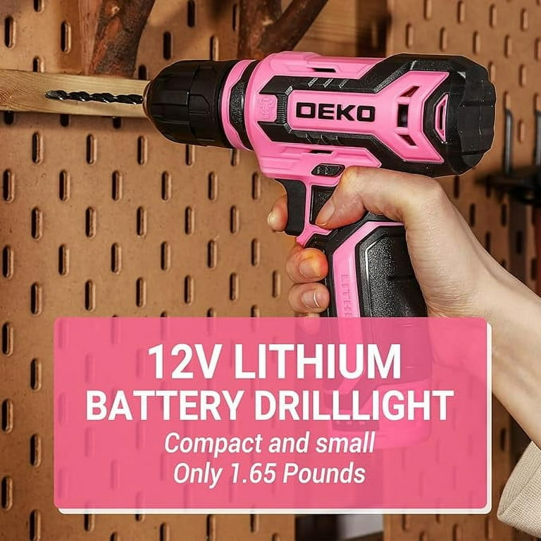 DEKOPRO Pink Tool Kit, Cordless 12V Drill with Rechargeable