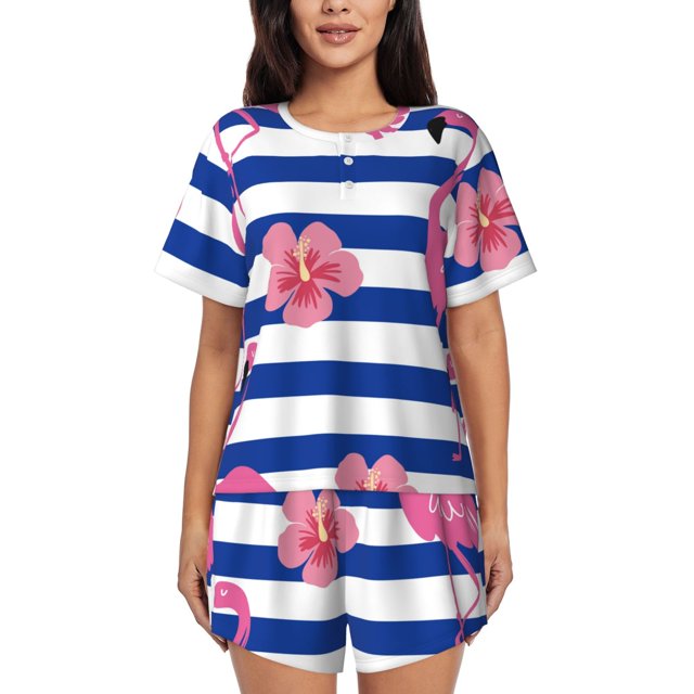 Balery Pink Flamingo Conjunto de Pijama para Mujer con Estampado, Dos Piezas de Manga Corta y Shorts, Ropa de Dormir Suave con Cuello Redondo y Bolsillos-3X-Large