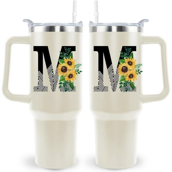 Monogrammed Initial Sunflower 40 Oz Tumbler with Handle and Straw Personalized Custom Cup Birthday Gifts for Women
