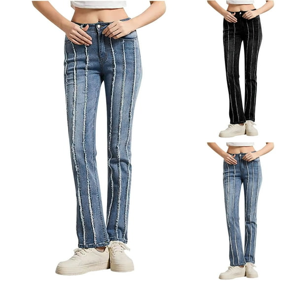 PXLKNZH Women's Mid Rise Flare Jean Stretchy Retro Bootcut Jeans Slim Fit Straight Wide Leg Denim Pants with Pockets Black,L