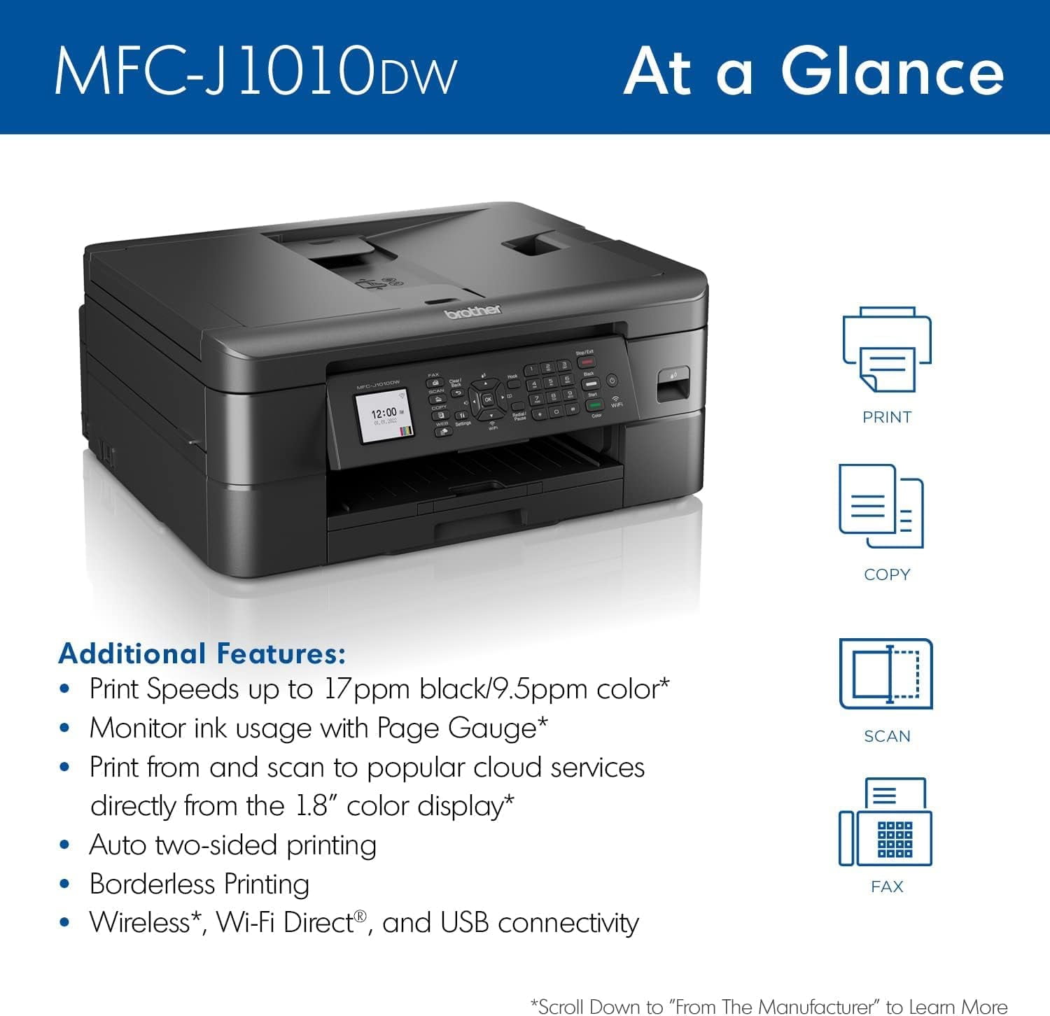 Brother MFC-J1010DW Inkjet All-in-One Printer with Wireless and Duplex Printing (Sold without manufacturer warranty)