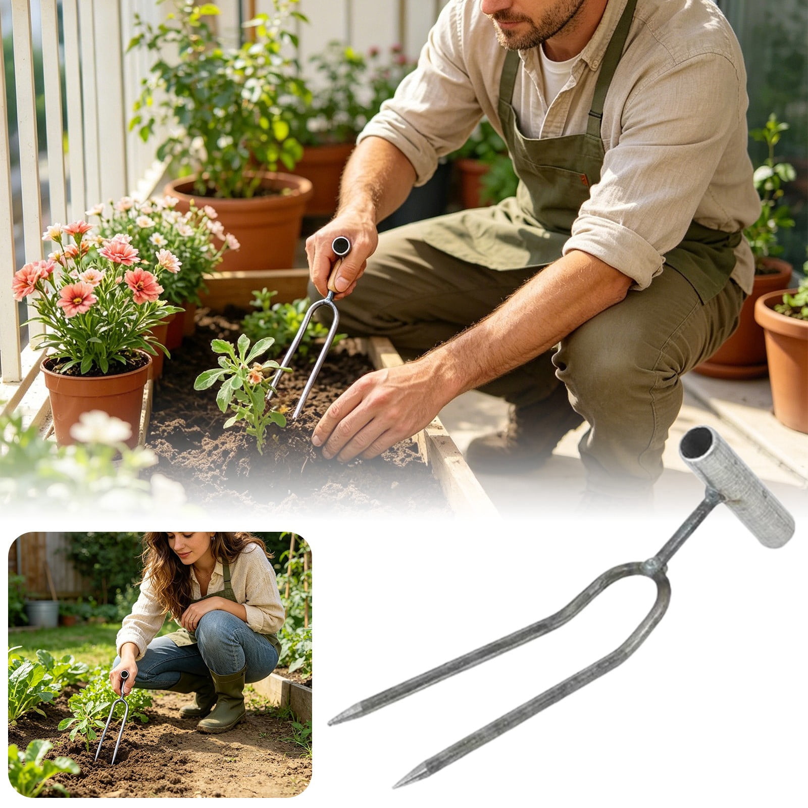 LYINGF 2 Tine Metal Prong Soil Loosening Fork Gardening Tool for Digging Weeding Aerating Soil In Vegetable Gardens,Heavy Duty Gardening Hand Tools for Digging, Loosening Soil, Weeding, Cultivating