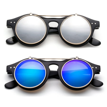 Classic Small Retro Steampunk Circle Flip Up Glasses / Sunglasses Cool Retro New Model-2 Pairs