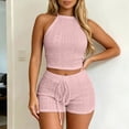 thumbnail image 2 of Rggeeun Women Outfits Halter Tops Athletic Shorts Breathable Drawstring Matching Sets Training Leisure,Pink,M, 2 of 6