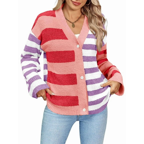 Womens Striped Cardigan Sweaters V Neck Open Front Button Up Color Block Fuzzy Loose Knit Coats Pink XL
