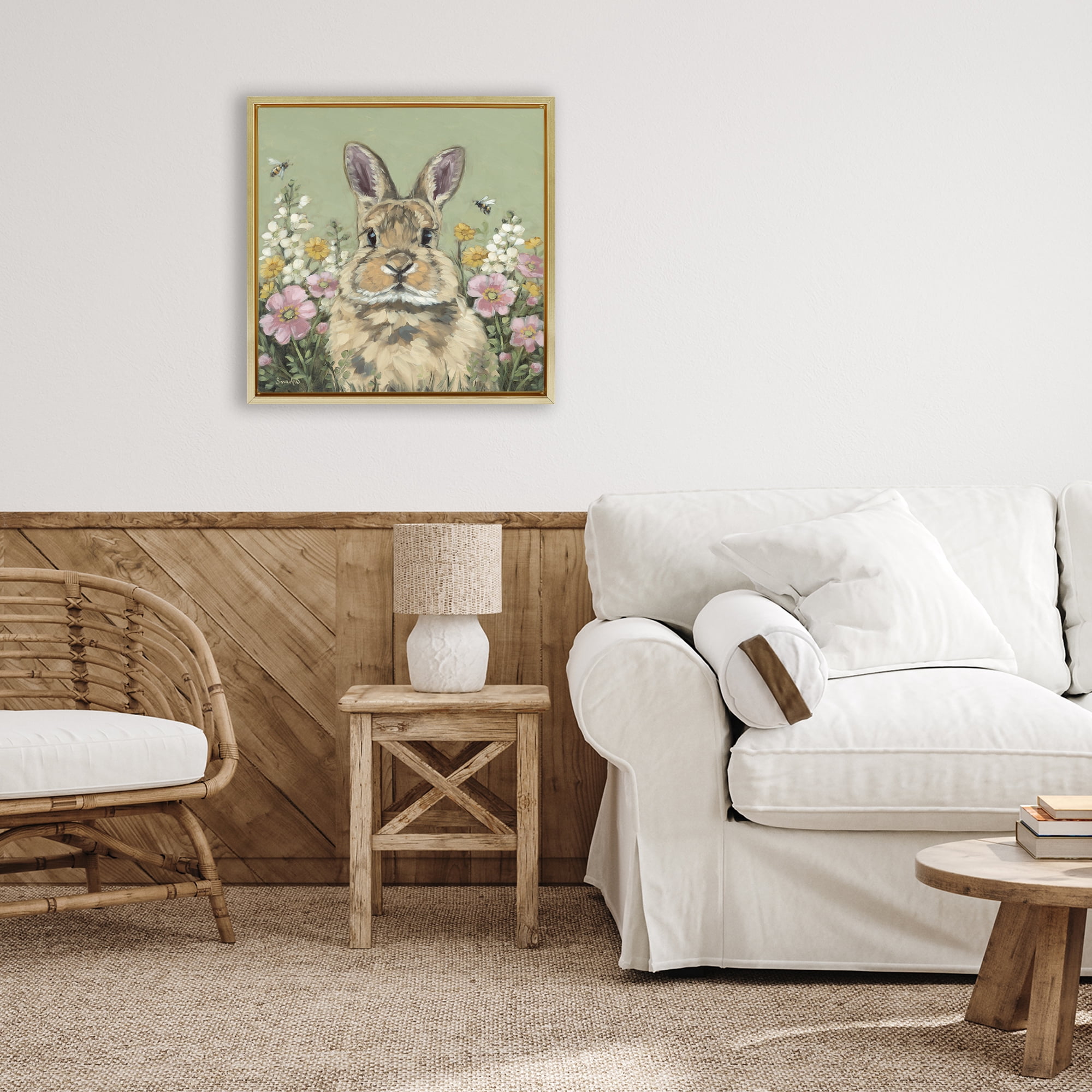 Stupell Industries Spring Abloom Rabbit Gold Framed Floater Canvas Wall Art, design by Sara G. Designs