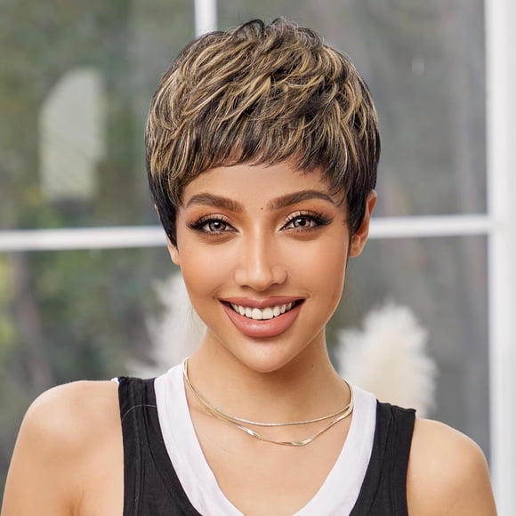 PinesC 1B Mixed Blonde Pixie Cut Wigs for Women - Short Remy Hair, Black & Blonde Color, Wavy Style 1B with Blonde