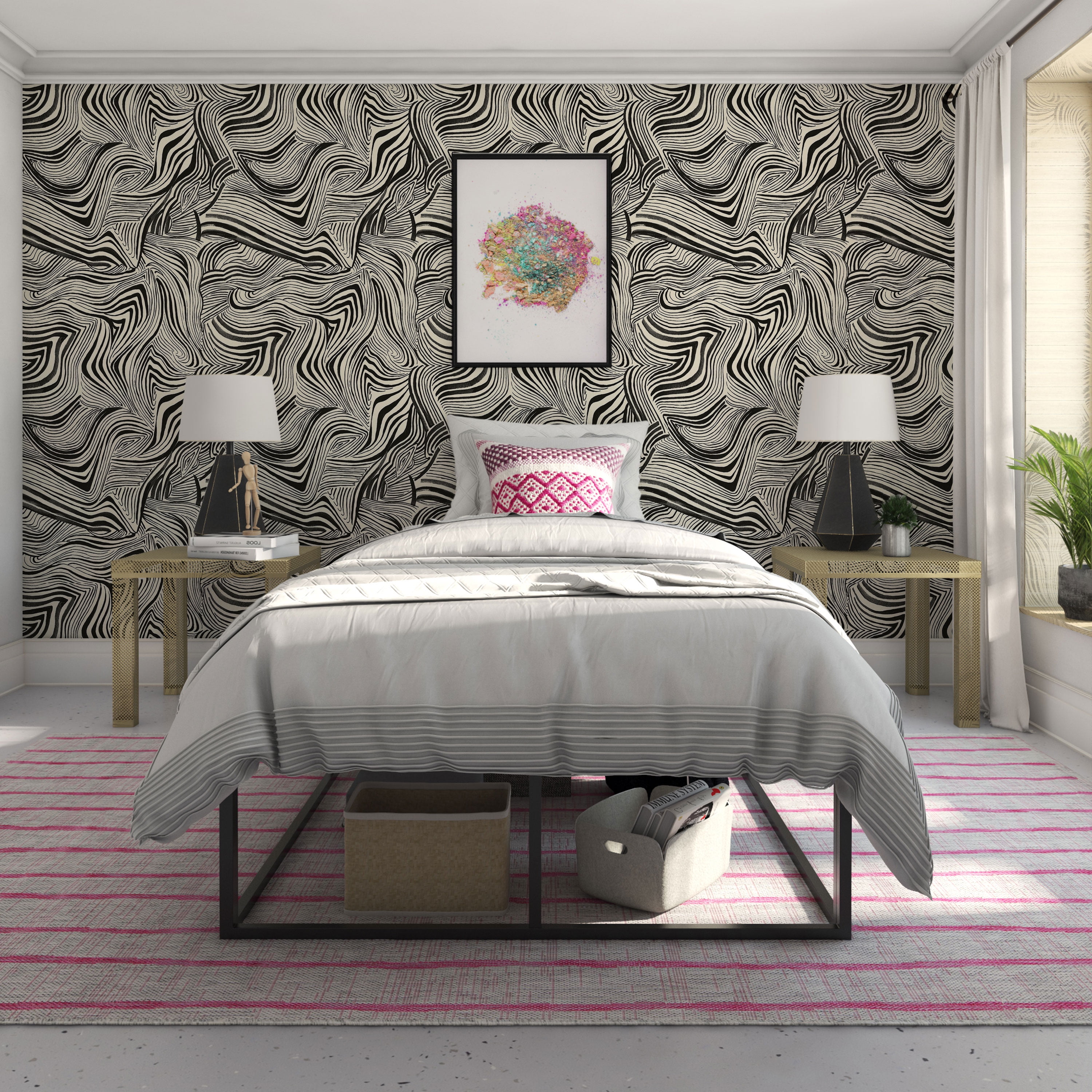 Tempaper x Novogratz Zebra Marble White & Black Peel and Stick Wallpaper, 20.5" x 16.5'