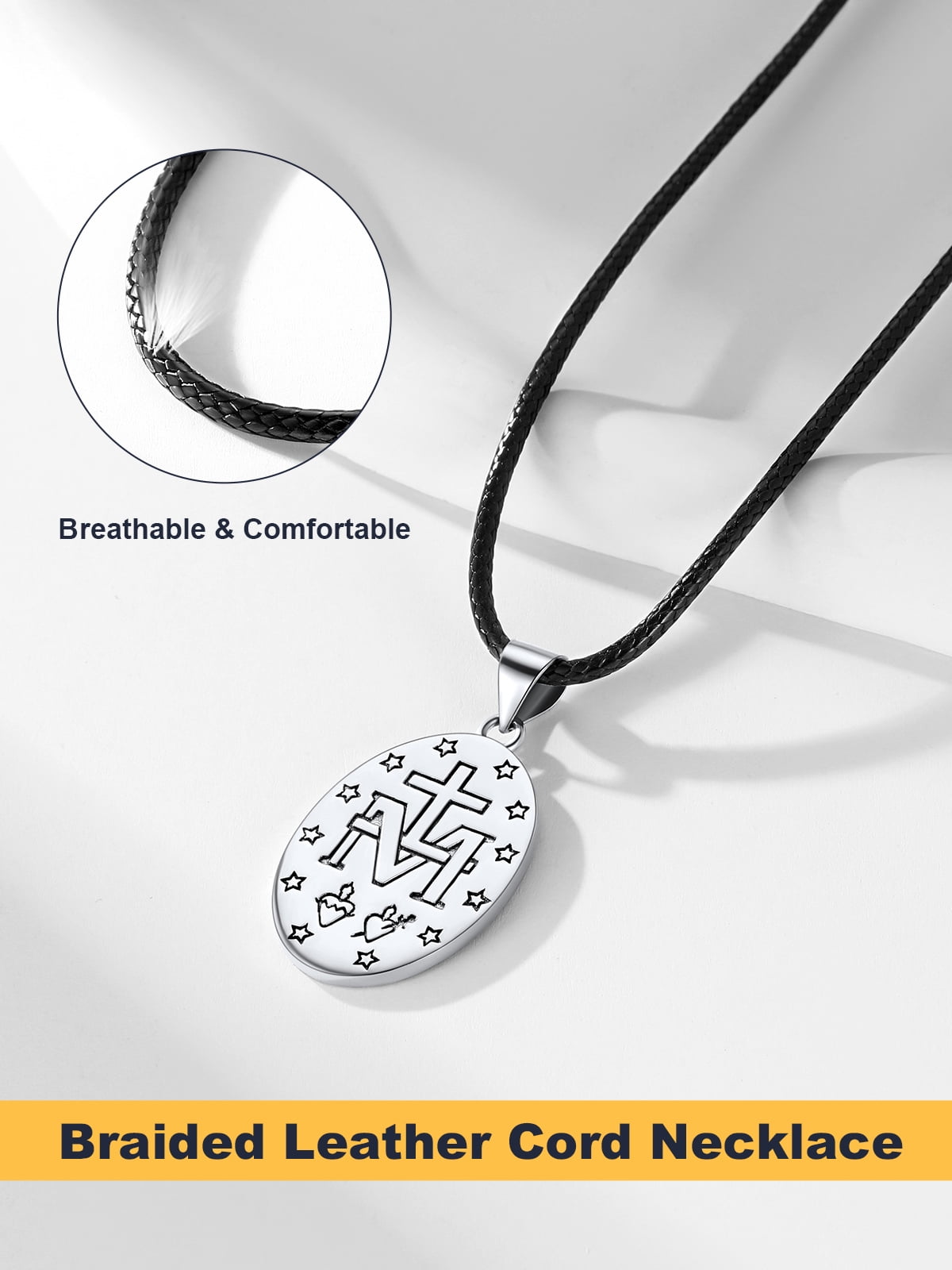 U7 Virgin Mary 925 Sterling Silver Medal Coin Pendant Leather Necklace for Women Men Religious Jewelry Gifts Protection for Her