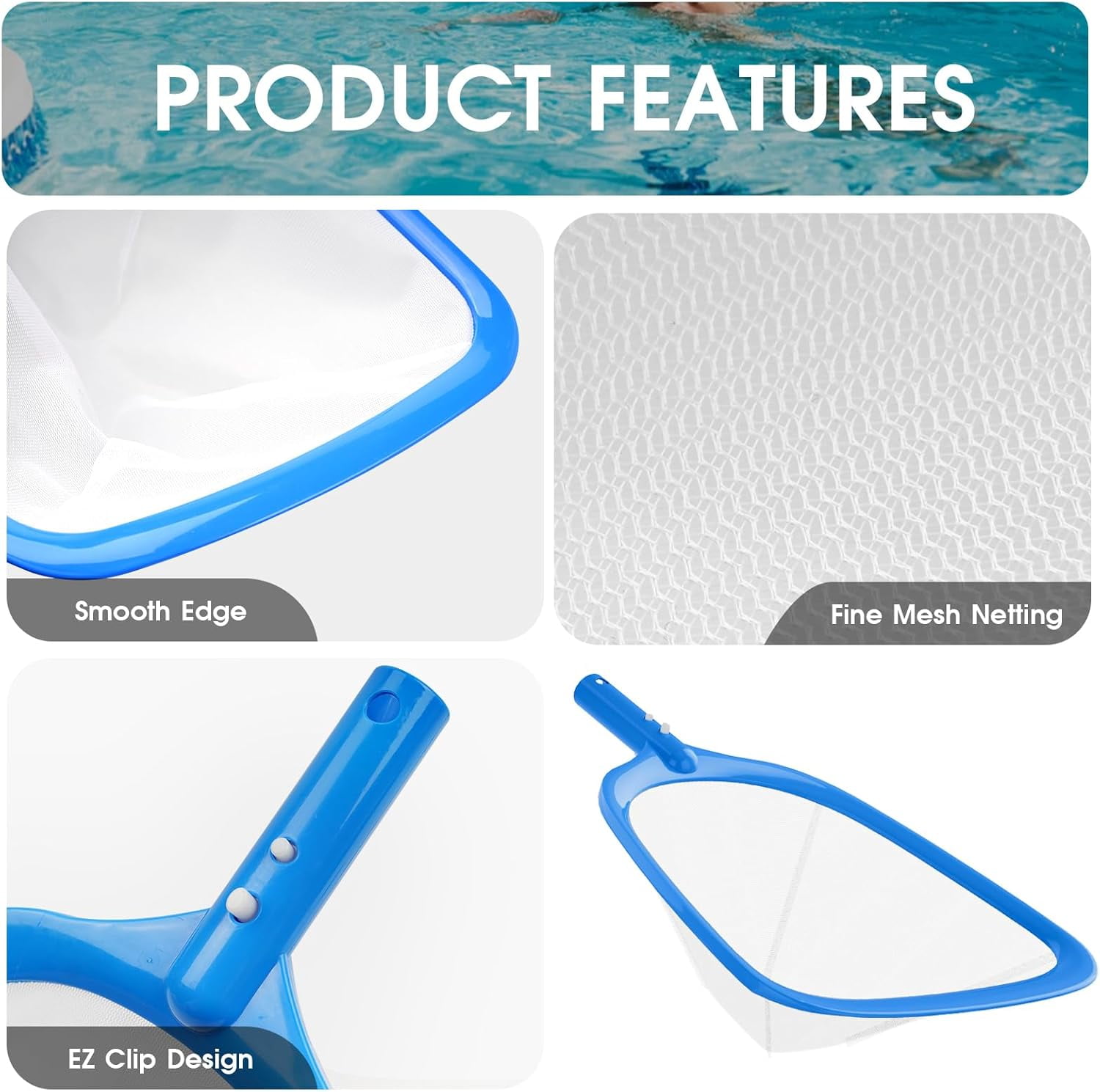 3PCS Pool Cleaning Kit - 12.5'' Pool Brush with Round End & 11'' Pool Skimmer Net Fine Mesh & 5.7 Feet Thick Aluminum Pole 5-Segment, for Above Ground & Inground Pools Ponds