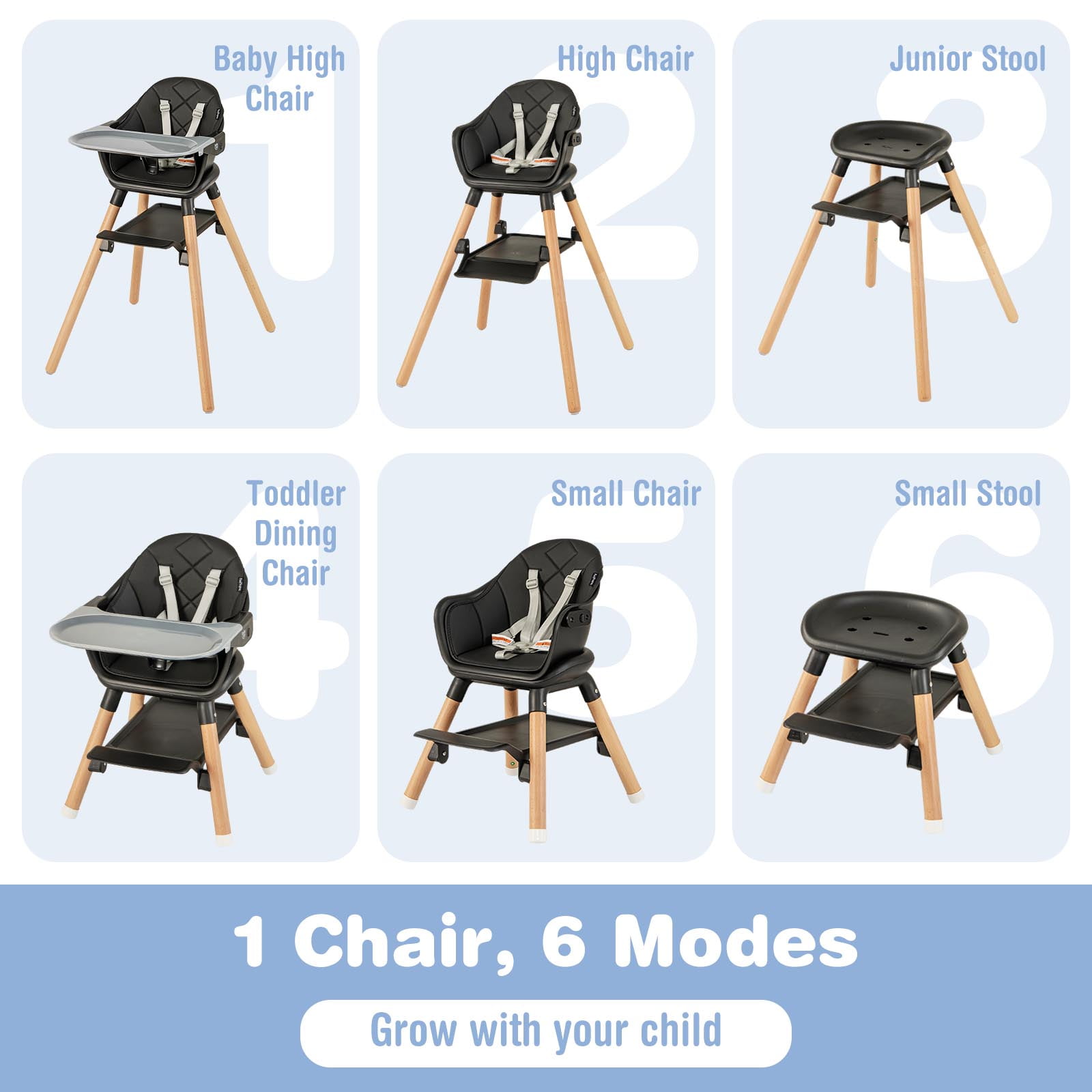Costway 6-in-1 Convertible Wooden Baby Highchair Infant Feeding Chair with Removable Tray Black