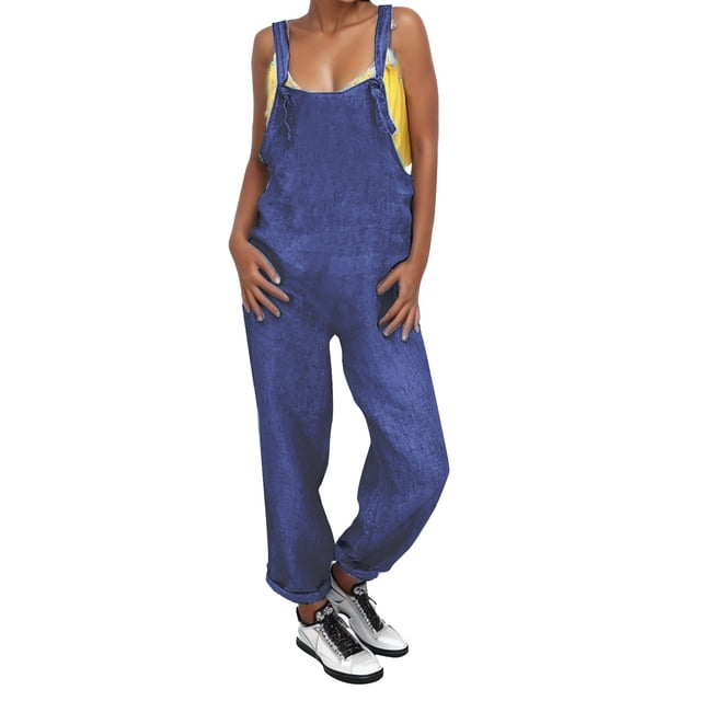TrendOFT Combinaison d'Été pour Femmes Décontractée Ample Unie Col en U Sans Manches Combishort Ample pour Femmes une Pièce Salopette Bleu Foncé TG