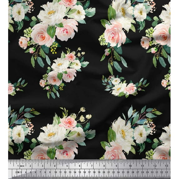 Soimoi Black Rayon Fabric Leaves & Ranunculus Floral Decor Fabric Printed Yard 58 Inch Wide