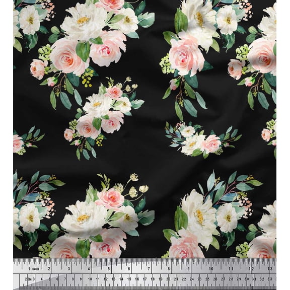 Soimoi Black Cotton Duck Fabric Leaves & Ranunculus Floral Print Fabric by Yard 44 Inch Wide
