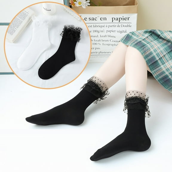 Women Big Ruffle Ankle Socks Adult Double Lace Frilly Socks Fold Cuff Cotton Ruffled Dress Crew Bobby Bride Sock- 2 Pairs