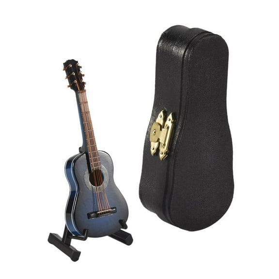A-Wooden Miniature Guitar with Stand and Case Mini Musical Instrument Miniature Doll House Model Home Dec