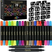 Mosaiz Dual Tip Fabric Markers, 20 Fine and Chisel Tip Fabric Pens Permanent, Canvas Markers and Fabric Paint Pens for Fabric Decorating, with Gold and Silver, Including Numbers and Letter Stencils