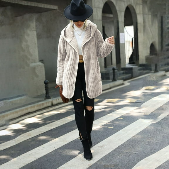 Autumn Winter Hooded Oversized Reversible Cardigan Open Front Jacket Long Womens Coat Oversize Wool Coat Women Womens plus Womens plus Size Fall Clothes Womens Dress Winter Jacket Long Coat Short Wool