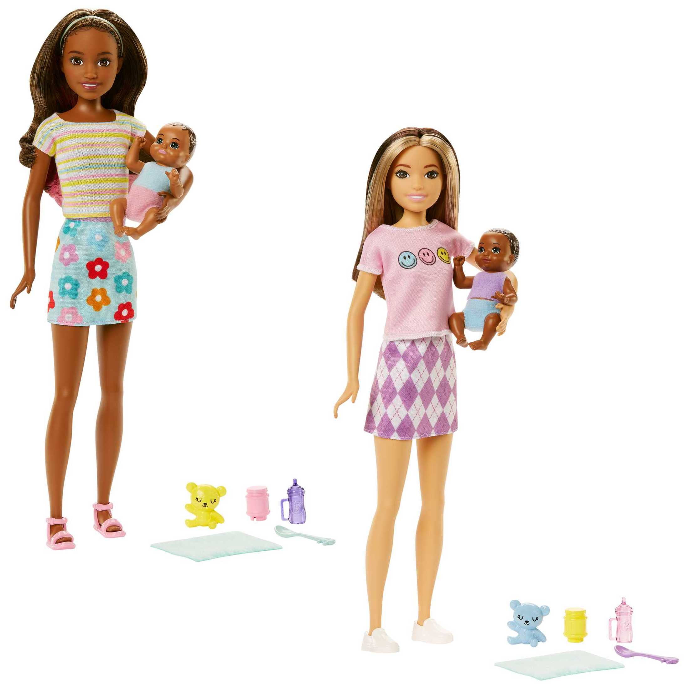 Barbie Skipper Babysitters Inc Brunette Doll in Flowered Skirt with Baby Doll & 5 Themed Pieces