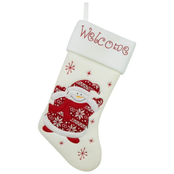 Northlight 17" White and Red "Welcome" Snowman Embroidered Christmas Stocking