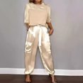 thumbnail image 6 of Quixlent 2 Pcs/Set Women Top Pants Suit Satin Smooth Surface Half Sleeves O Neck Loose T-shirt Lace-up Pure Color Trouser with Pockets Lady Casual Pantsuit, 6 of 8