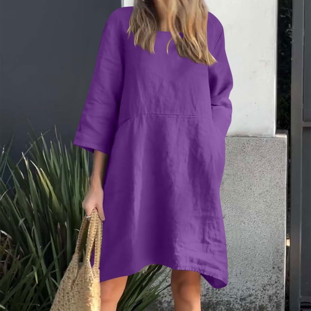 Liquidation d'Été 2025! Robe Grande Taille pour Femmes, Liquidation de Robe d'Été pour Femmes, Robe Décontractée à Manches 3/4 Col Rond Imitation Coton et Lin Couleur Unie avec Poches