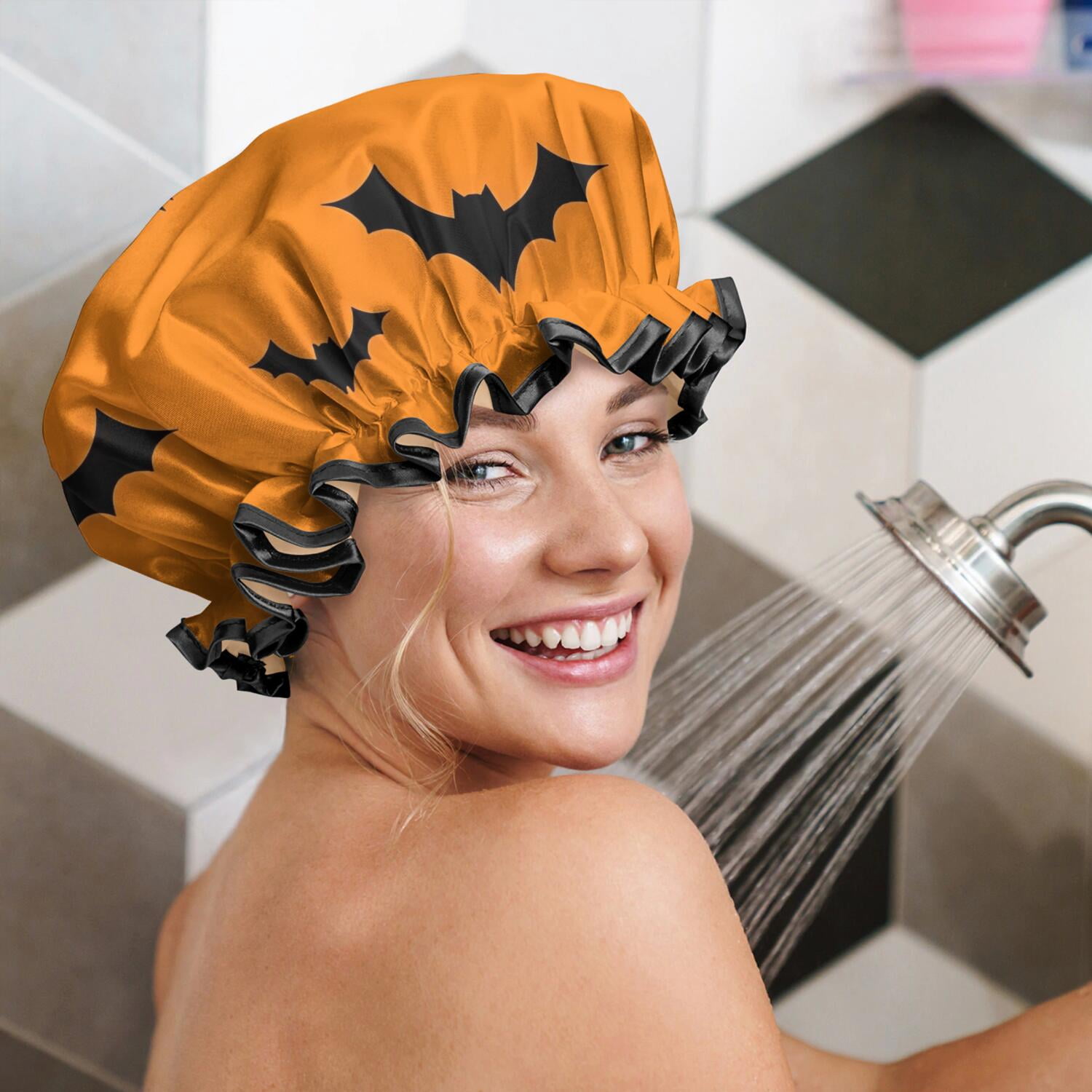 Shower Caps,Orange Halloween Bats Waterproof Shower Cap for Women 4 Pieces,Double Reusable Hair Cover for Shower PEVA Elastic Stretch Hem