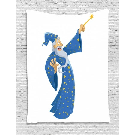 Wizard Tapestry Cartoon Smiling Old Man In Starry Costume Casting