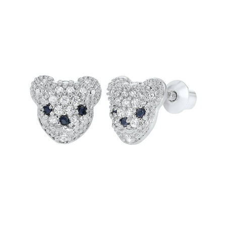 Rhodium Plated Clear Little Bear Screw Back Toddler Girls Earrings