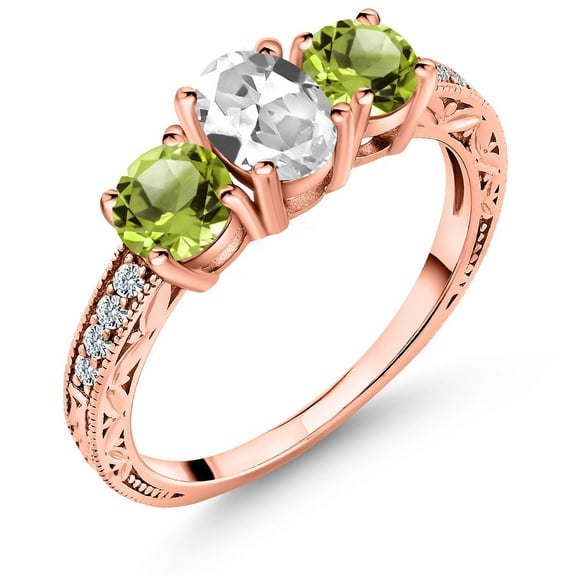 Gem Stone King 2.22 Ct Oval White Created Sapphire Green Peridot 18K Rose Gold Plated Silver Ring (Size 8)